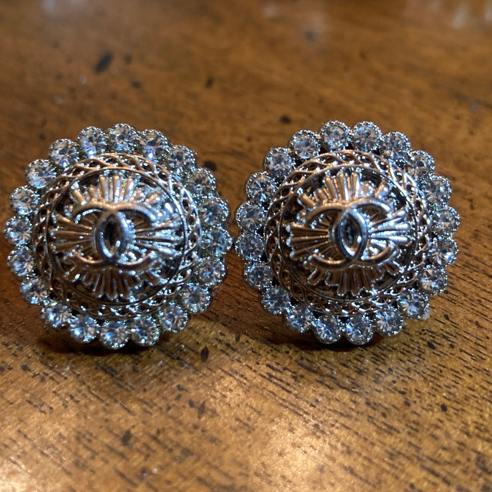 Chanel Earrings,stamped buttons turned into Silver-Tone Earrings, rhinestones - Picture 4 of 9